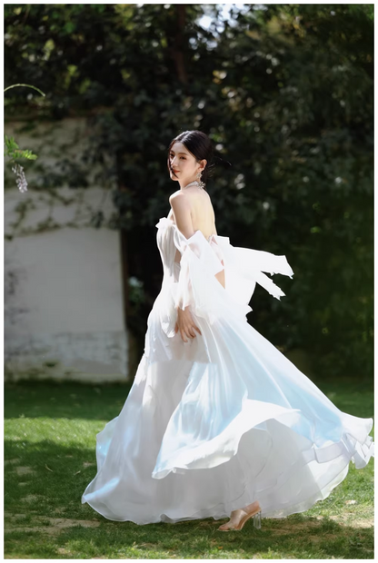 Fairy Off The Shoulder White Chiffon Pleated Pearls Long Party Dress Birthday Evening Gown