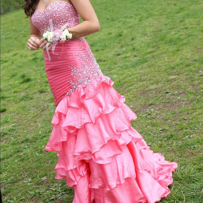Pretty Pink Strapless Satin Beaded Pleated Ruffles Long Wedding Guest Dress Mermaid Party Dress SP1177