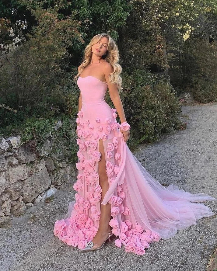 Elegant Pink Strapless 3D Flowers Evening Dress Tulle Mermaid Slit Long Prom Dress TP4997