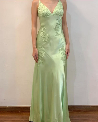 Green V-neck exquisite embroidery long satin ball gown evening dress gh2939