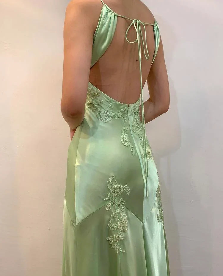 Green V-neck exquisite embroidery long satin ball gown evening dress gh2939
