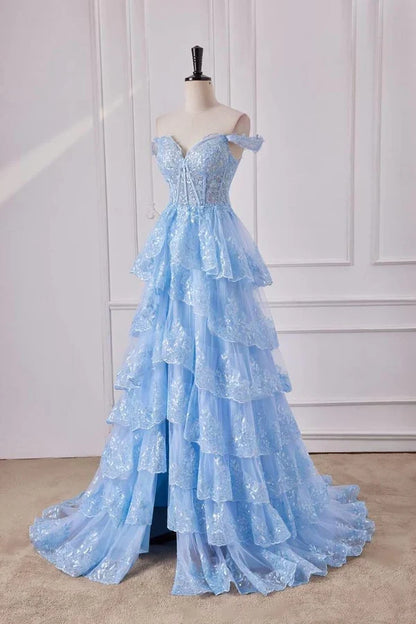 Glamorous Light Blue Off-the-Shoulder Layered Lace Evening Dress TP5712