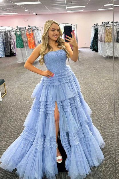 A-Line Strapless Tulle Long Prom Dress with Tiered Ruffles gh2676