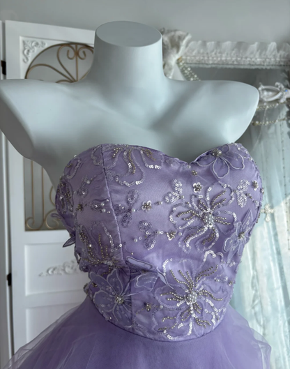 Classy Strapless Lavender Sequin Tulle Layered Long Wedding Guest Dress ,Long Birthday Party Dress SP1453