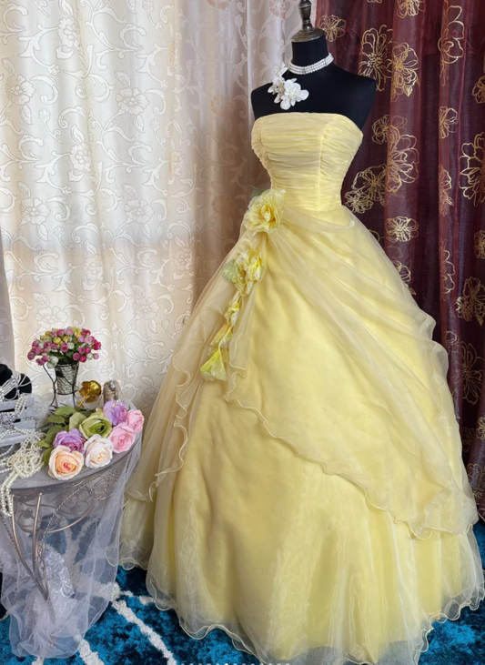 Sweet Strapless Ball Gown Yellow Organza Pleated Birthday Quinceanera Dress With 3D Flowers SP1891