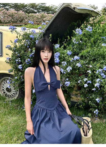 Cute Halter A-Line Black White Striped Butterfly Bow V-Neck Long Evening Dress Birthday Party Gown