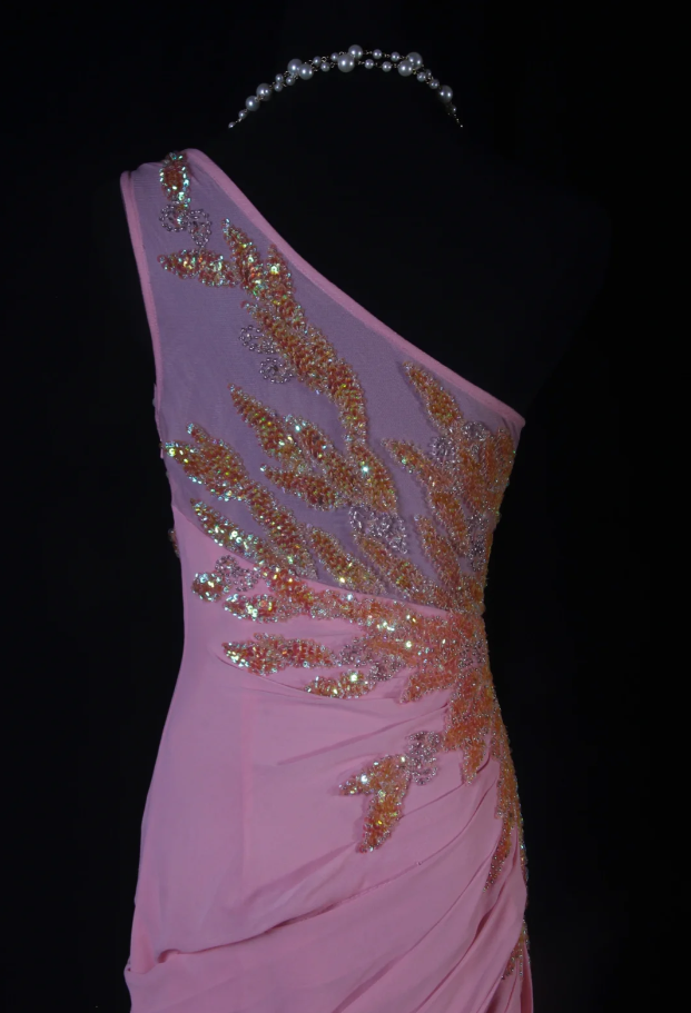 Elegant Pink One Shoulder Chiffon Sequin Beaded Mermaid Evening Dress Slit Long Birthday Prom Dress SP1692
