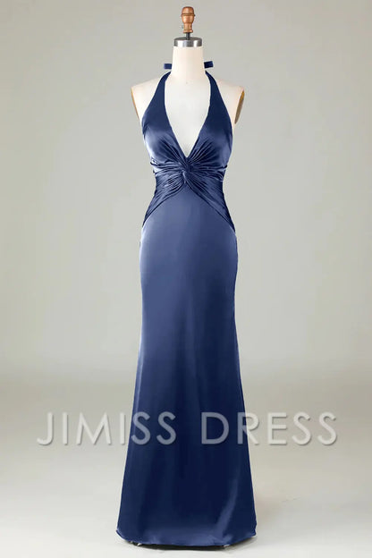 Elegant Mermaid Hanging Neck Sleeveless Deep Green Back Zip Floor-Length Satin Bridesmaid Dress