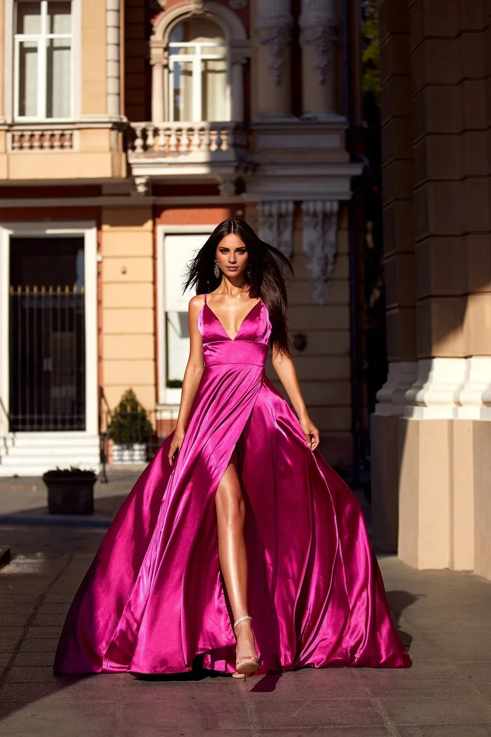 Deep V-neck sleeveless thin shoulder strap backless side slit and floor length evening dress