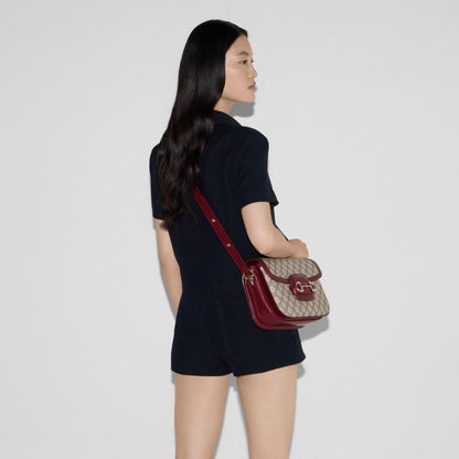 Gucci Horsebit 1955 Soft Small Shoulder Bag Beige Red 25cm