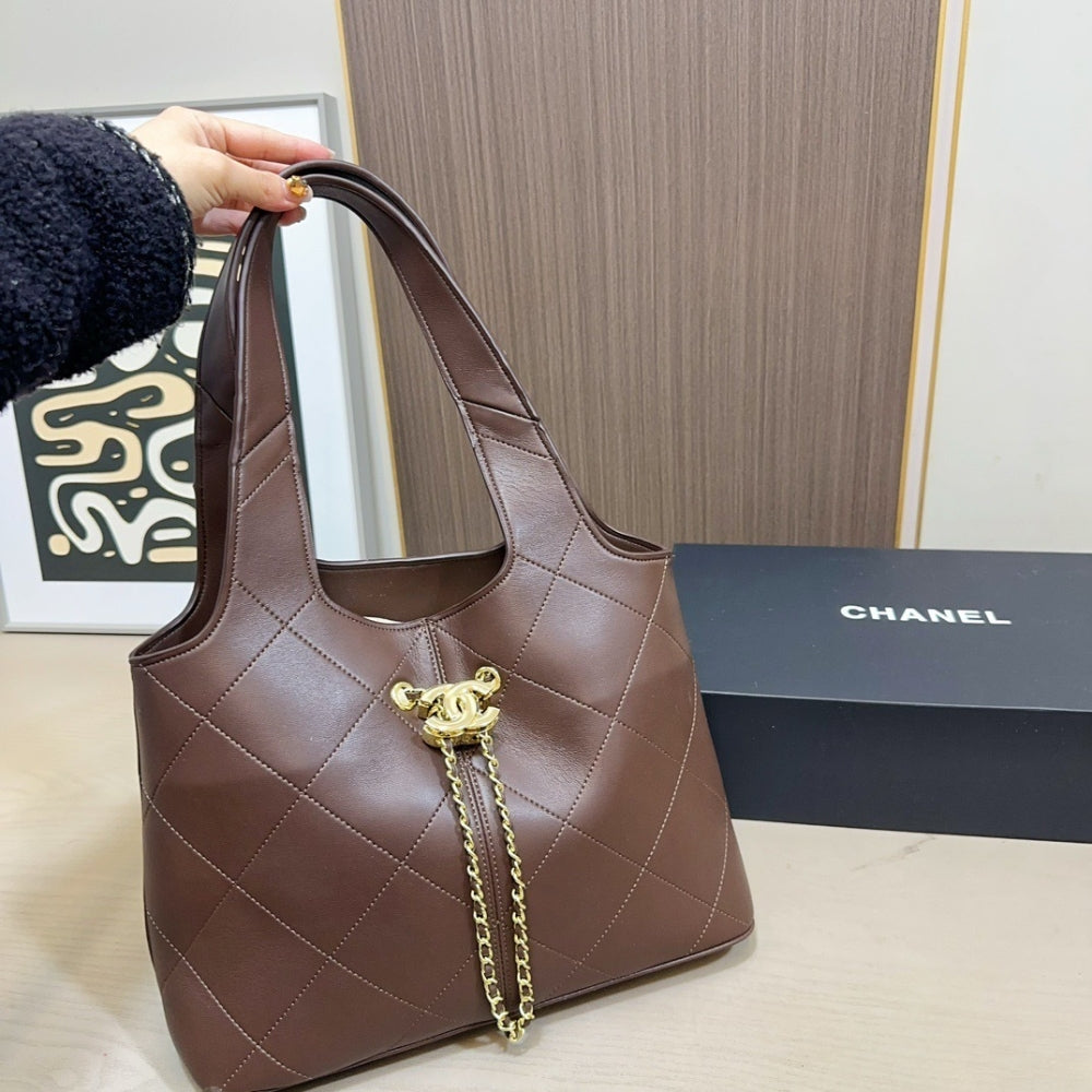 Chanel Large Shopping Bag Gold Tone Hardware Brown 32Cm