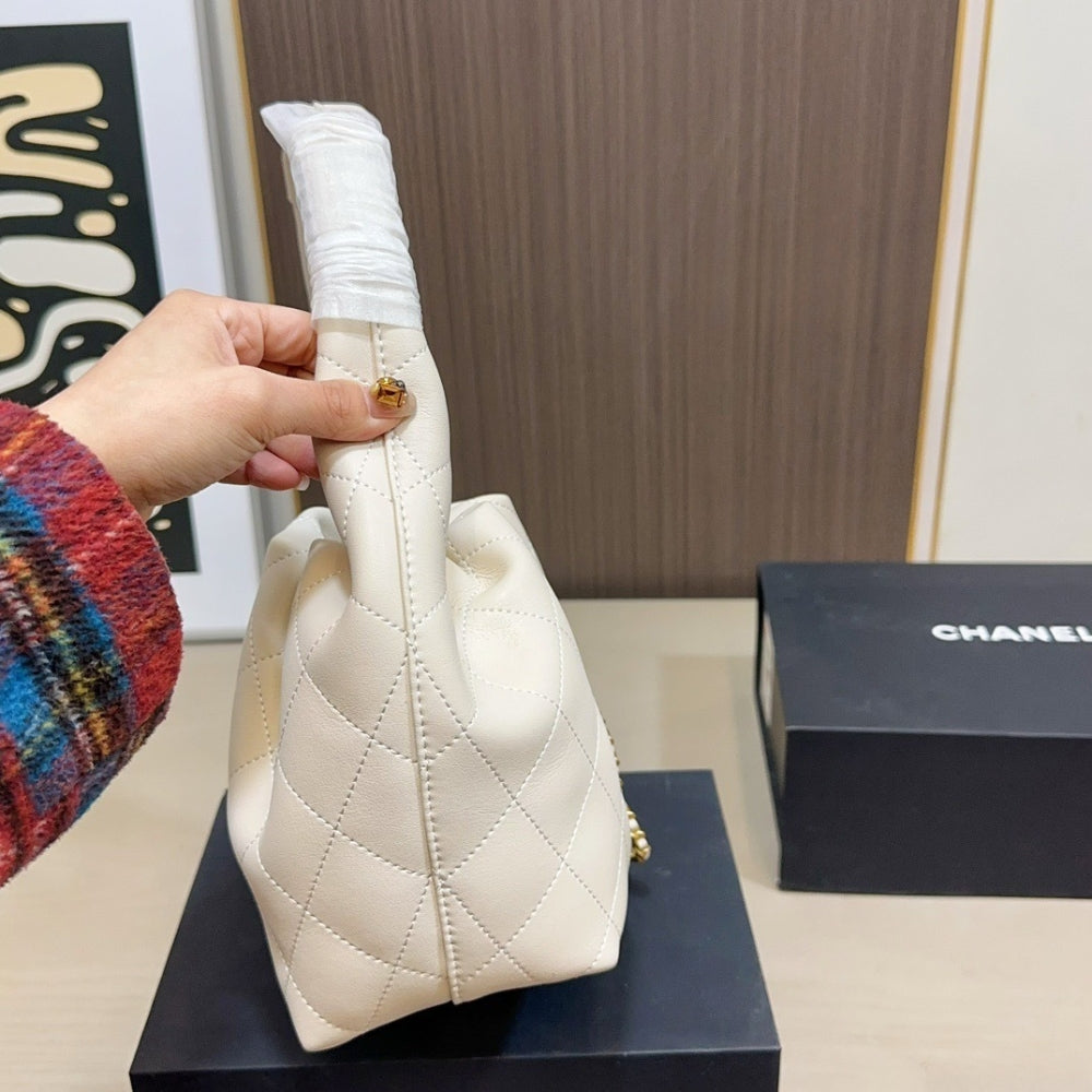 Chanel Mini Hobo Handbag Gold Tone Hardware Beige 19Cm
