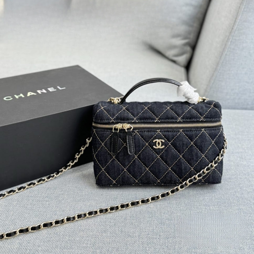Chanel Classic Vanity with Chain Gold Metal Denim Dark Blue 19cm