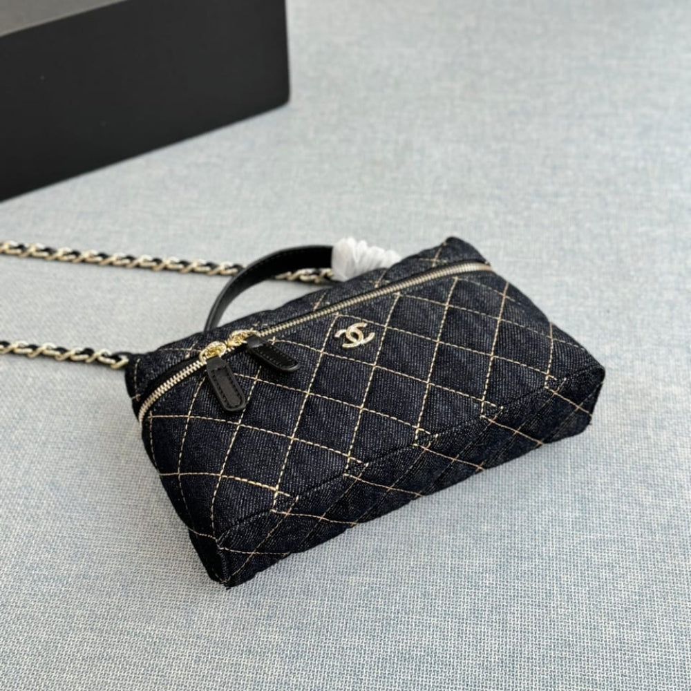 Chanel Classic Vanity with Chain Gold Metal Denim Dark Blue 19cm