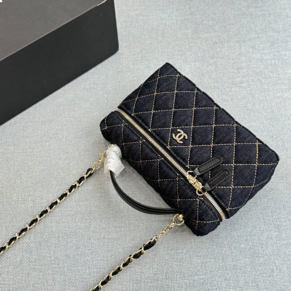 Chanel Classic Vanity with Chain Gold Metal Denim Dark Blue 19cm