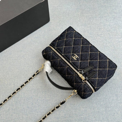 Chanel Classic Vanity with Chain Gold Metal Denim Dark Blue 19cm