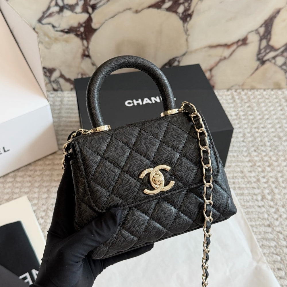 Chanel Mini Flap Bag With Top Handle Shiny And Gold Tone Metal Black 15Cm