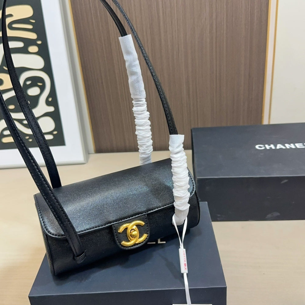 Chanel Small Bowling Bag Grained Shiny And Gold Tone Black 20Cm