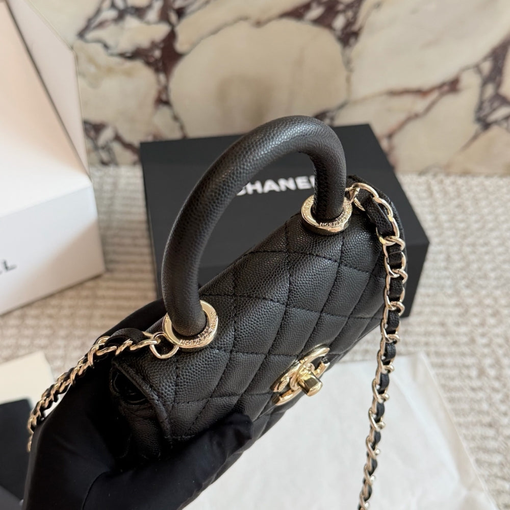 Chanel Mini Flap Bag With Top Handle Shiny And Gold Tone Metal Black 15Cm