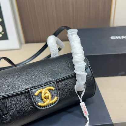 Chanel Small Bowling Bag Grained Shiny And Gold Tone Black 20Cm