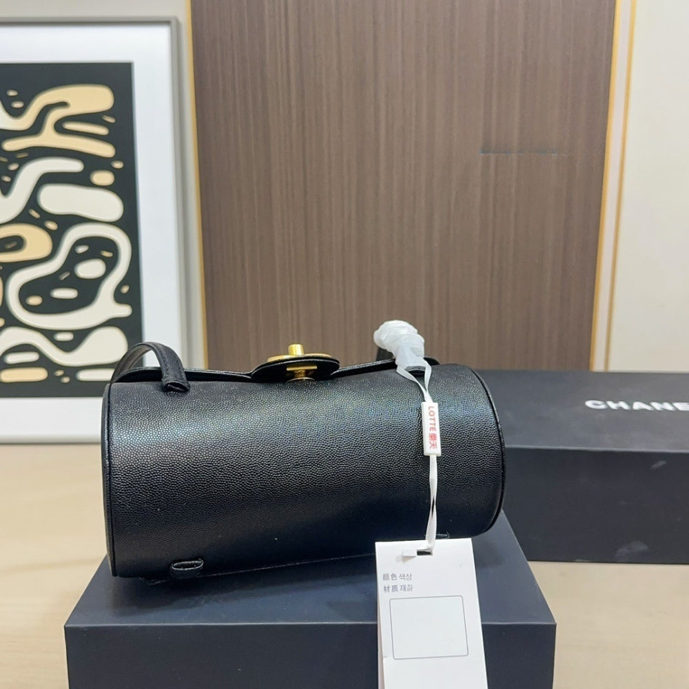 Chanel Small Bowling Bag Grained Shiny And Gold Tone Black 20Cm
