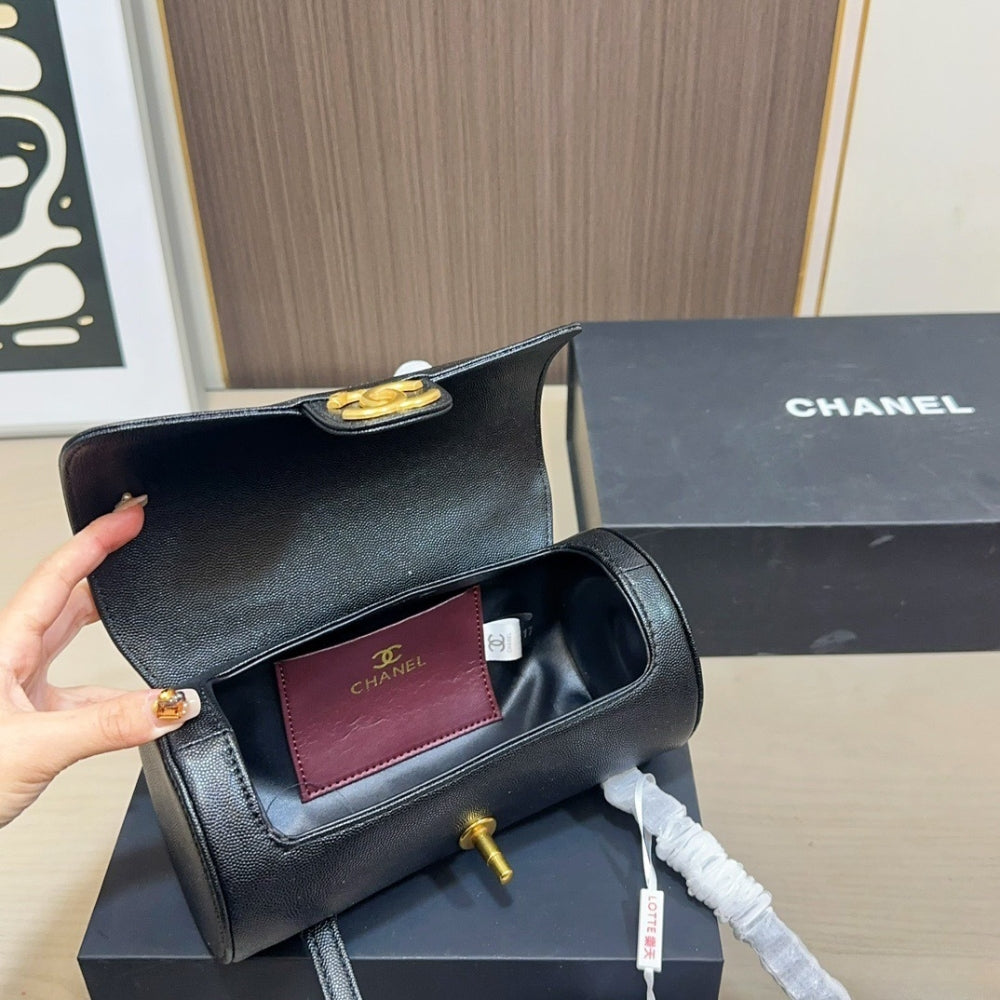 Chanel Small Bowling Bag Grained Shiny And Gold Tone Black 20Cm