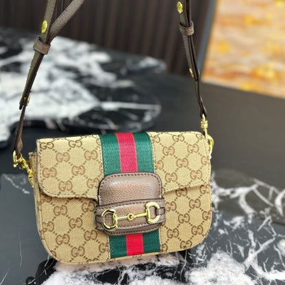 Gucci Horsebit 1955 Small Shoulder Bag GG Canvas Sand And Brown 21cm