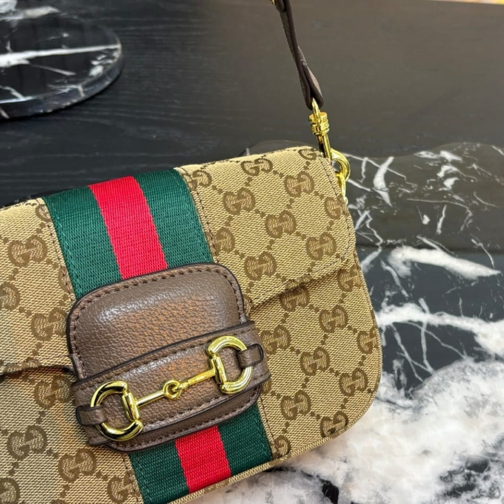 Gucci Horsebit 1955 Small Shoulder Bag GG Canvas Sand And Brown 21cm