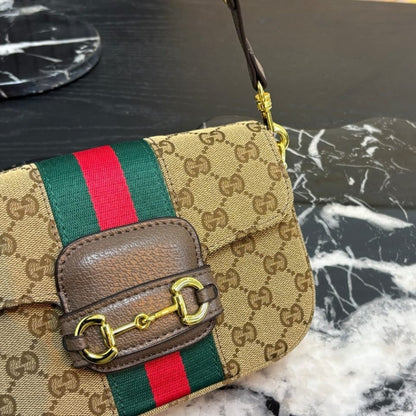 Gucci Horsebit 1955 Small Shoulder Bag GG Canvas Sand And Brown 21cm