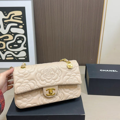 Chanel Flap Bag With Camellia Flower Chain Beige 26Cm