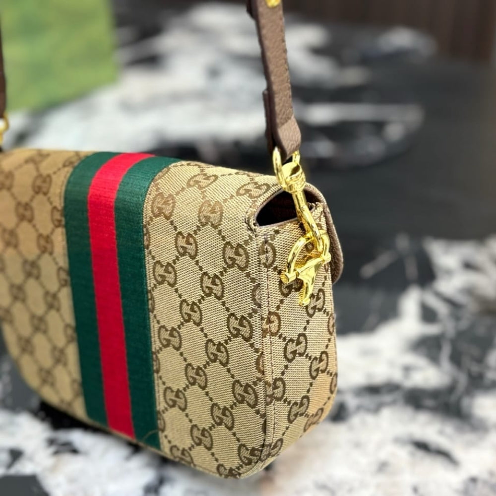 Gucci Horsebit 1955 Small Shoulder Bag GG Canvas Sand And Brown 21cm