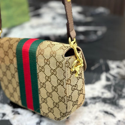 Gucci Horsebit 1955 Small Shoulder Bag GG Canvas Sand And Brown 21cm