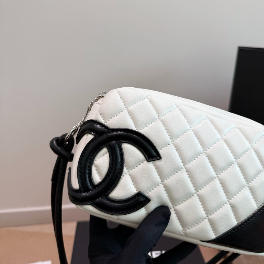 Chanel Cambon Pochette Quilted Leather White And Black 22Cm