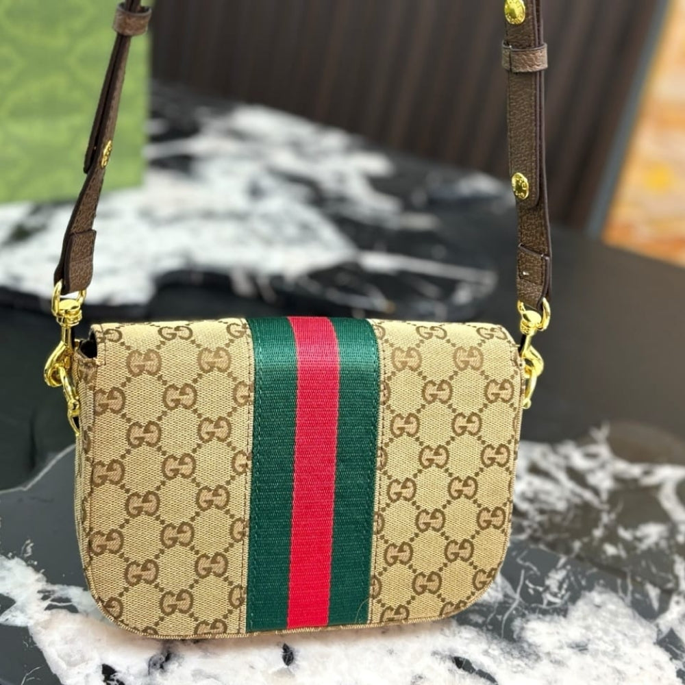 Gucci Horsebit 1955 Small Shoulder Bag GG Canvas Sand And Brown 21cm