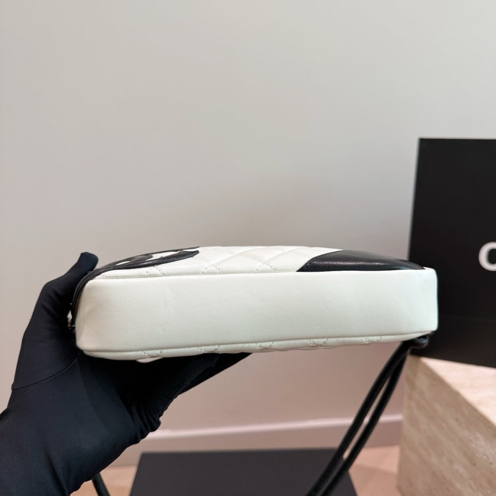 Chanel Cambon Pochette Quilted Leather White And Black 22Cm