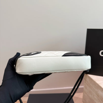 Chanel Cambon Pochette Quilted Leather White And Black 22Cm