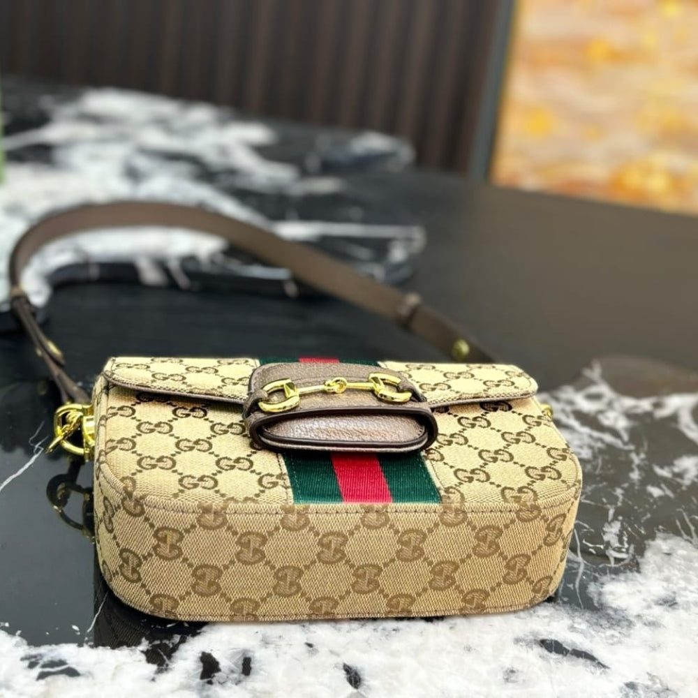 Gucci Horsebit 1955 Small Shoulder Bag GG Canvas Sand And Brown 21cm