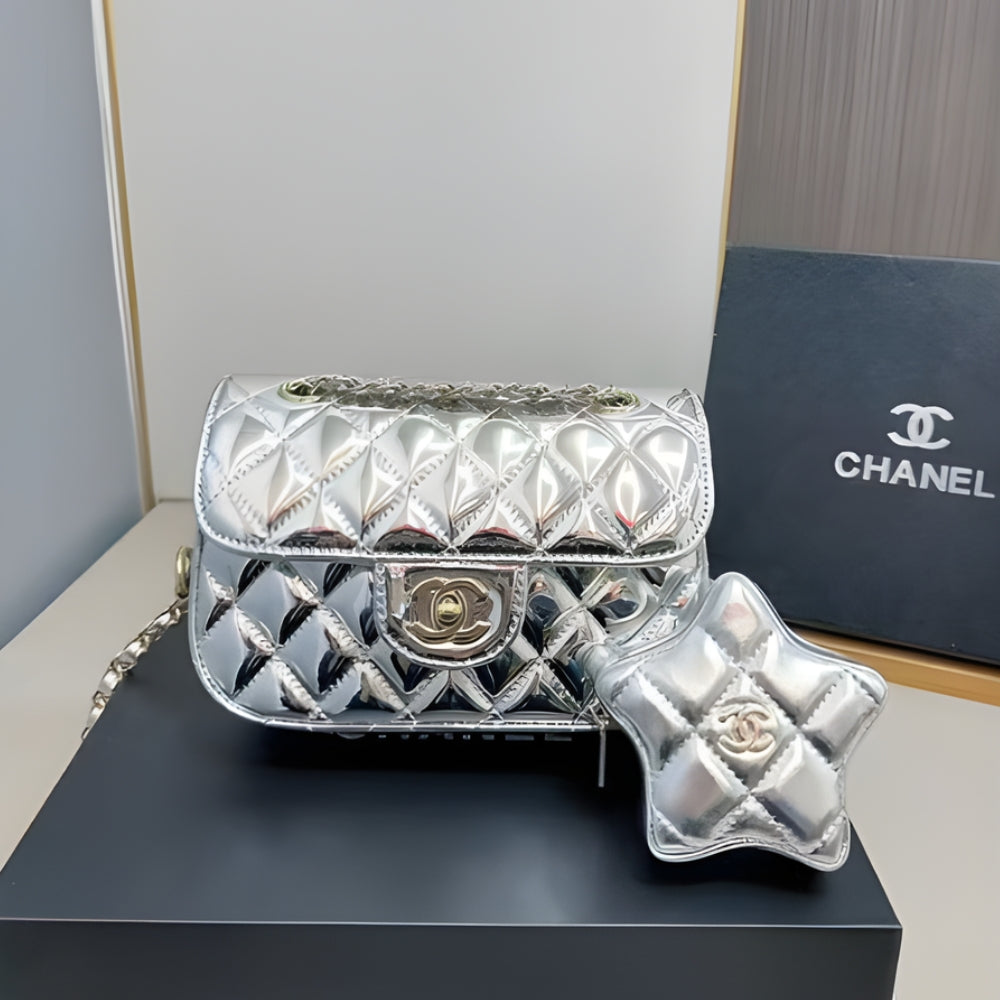 Chanel Mini Flap Bag Star Coin Purse Silver 21Cm