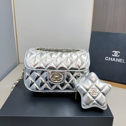 Chanel Mini Flap Bag Star Coin Purse Silver 21Cm