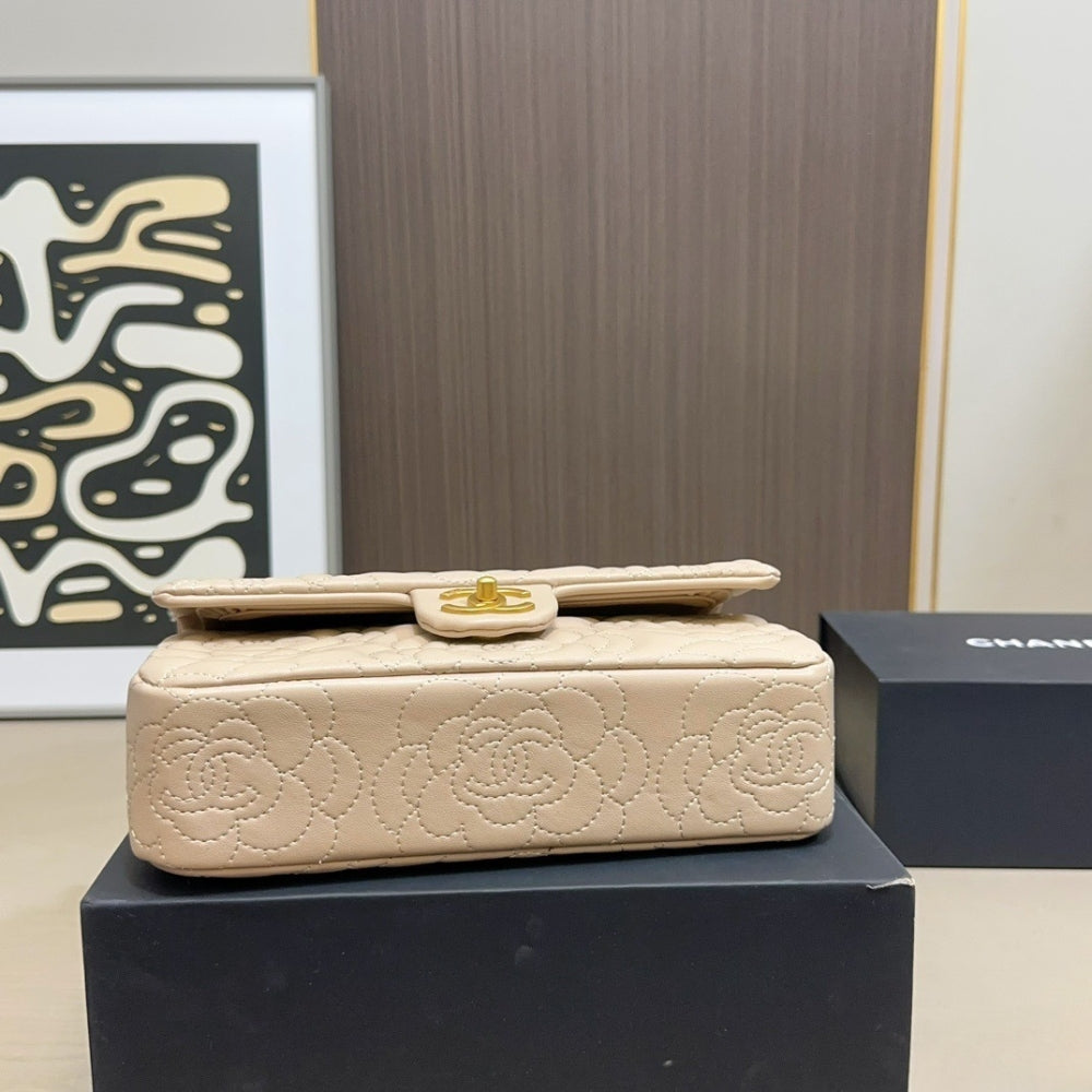 Chanel Flap Bag With Camellia Flower Chain Beige 26Cm