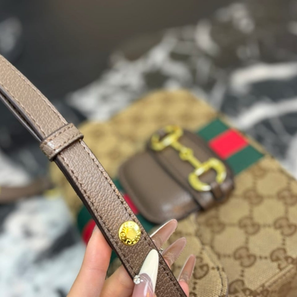 Gucci Horsebit 1955 Small Shoulder Bag GG Canvas Sand And Brown 21cm