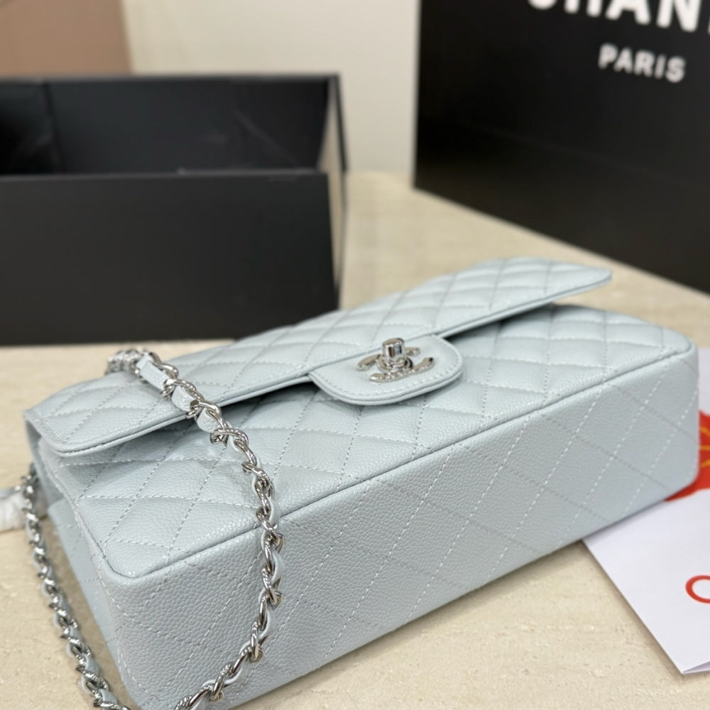 Chanel Classic Double Flap Bag Silver Hardware Baby Blue 25cm