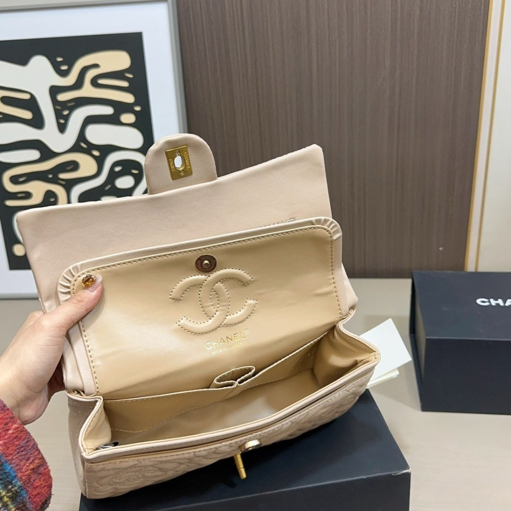 Chanel Flap Bag With Camellia Flower Chain Beige 26Cm