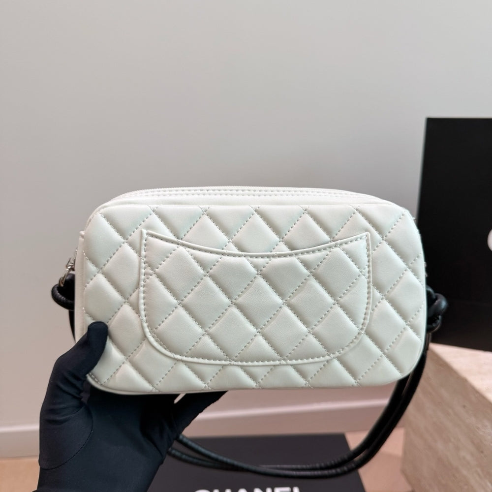 Chanel Cambon Pochette Quilted Leather White And Black 22Cm