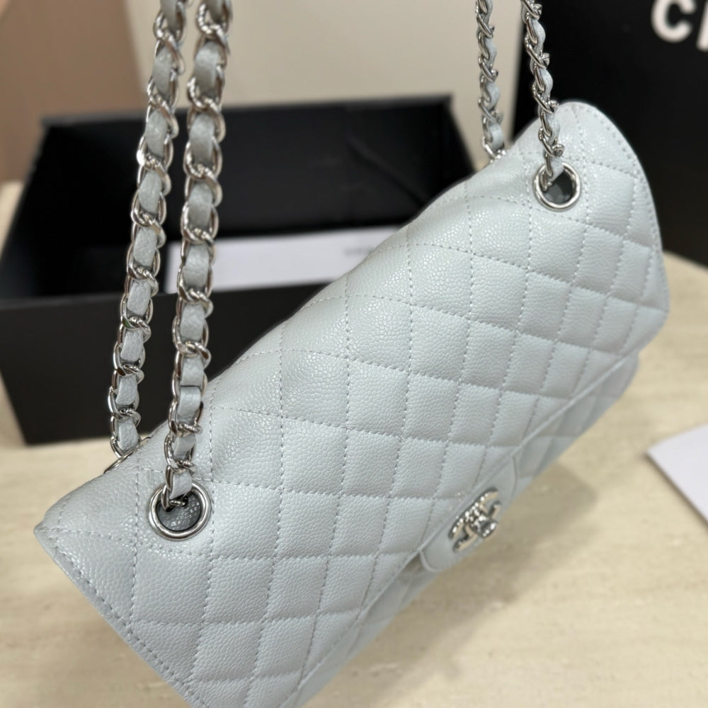 Chanel Classic Double Flap Bag Silver Hardware Baby Blue 25cm