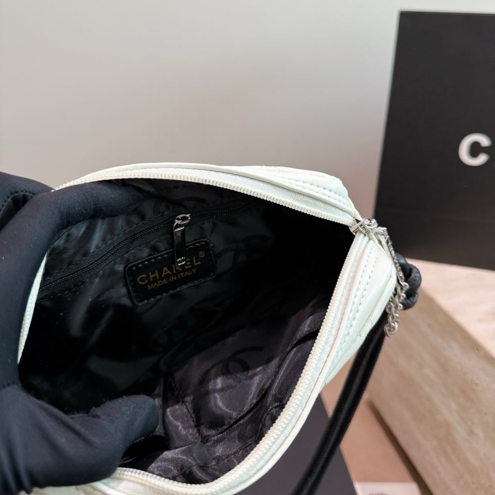 Chanel Cambon Pochette Quilted Leather White And Black 22Cm