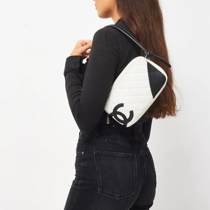 Chanel Cambon Pochette Quilted Leather White And Black 22Cm