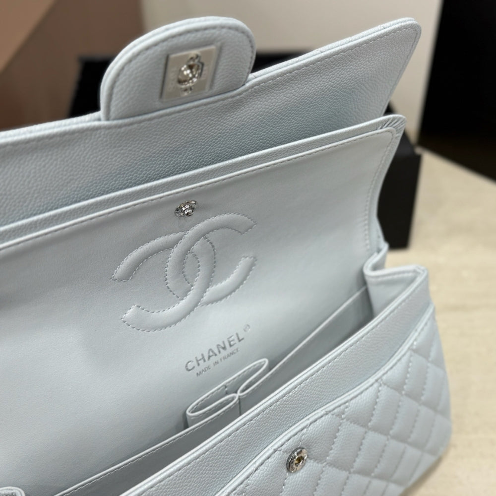 Chanel Classic Double Flap Bag Silver Hardware Baby Blue 25cm