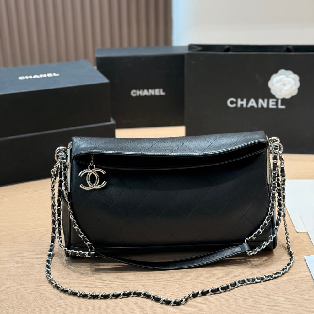 Chanel Ultimate Soft Hobo Bag Silver Hardware Black 38Cm