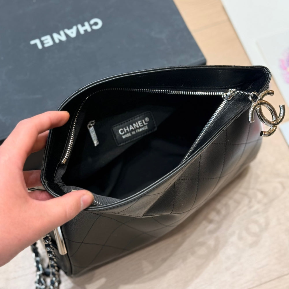 Chanel Ultimate Soft Hobo Bag Silver Hardware Black 38Cm